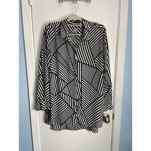 Chico's Blouse Womens Large Black White Abstract Geometric Office Preppy